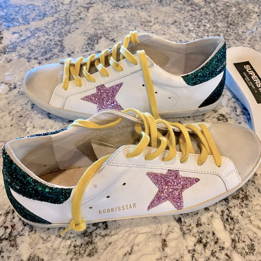 GOLDEN GOOSE SUPERSTAR DISTRESSED GLITTERED LEATHER SNEAKERS!!! SIZE 41 10/10.5 - Picture 3 of 15